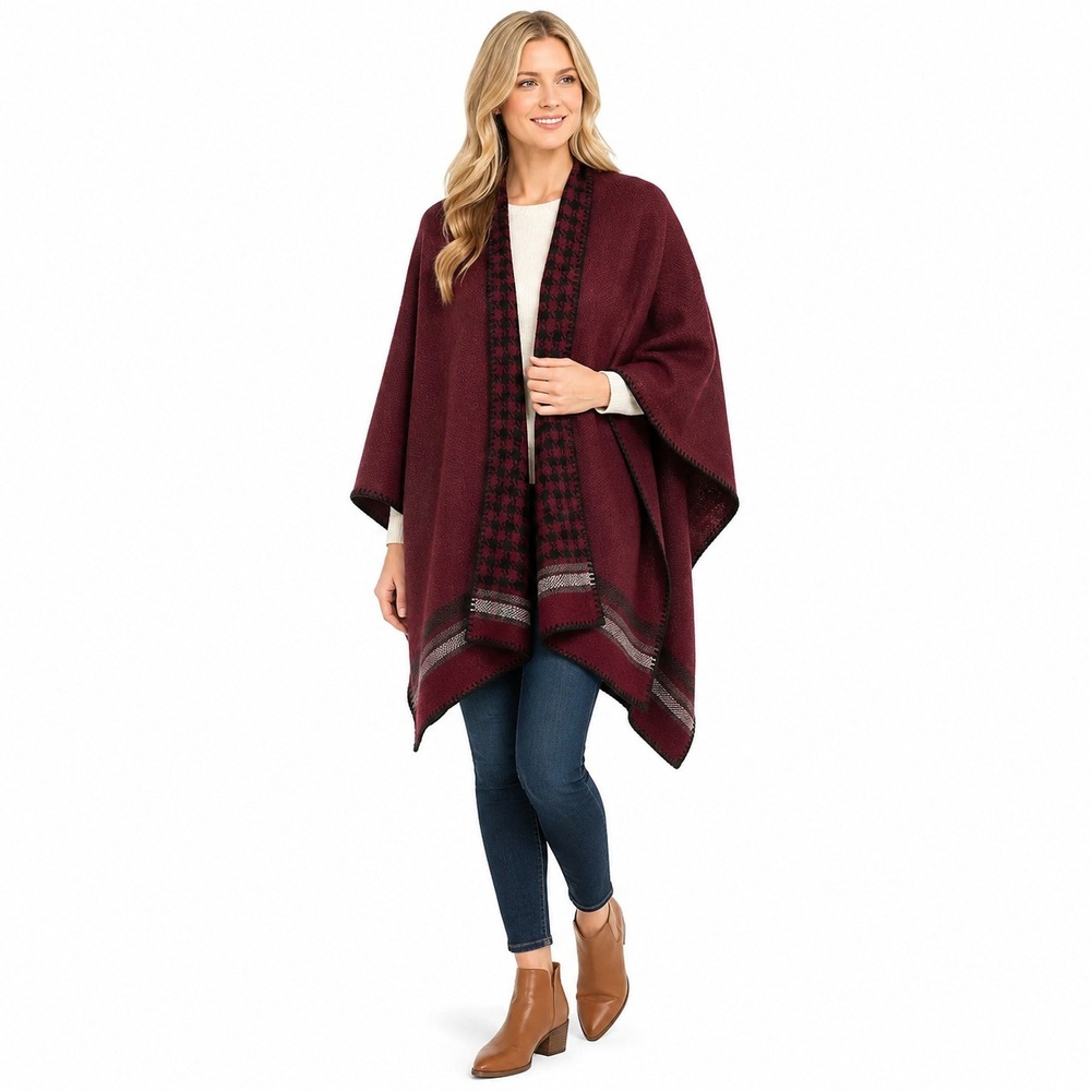 Woolrich Womens Reversible Poncho Wrap Burgundy Houndstooth‎ One Size Acrylic